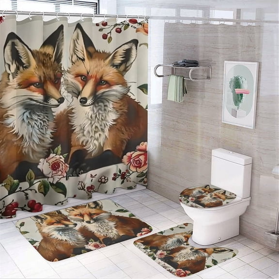 GooTPa 4PCS Foxes Roses Romantic Waterproof Shower Curtain Sets with Hooks,Bathroom Sets with Non-Slip Rugs,Toilet Lid Cover and Bath Mat