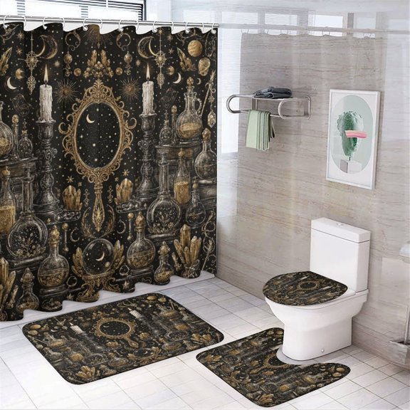 GooTPa 4PCS Gothic Alchemy Mirror Bottles Waterproof Shower Curtain Sets with Hooks,Bathroom Sets with Non-Slip Rugs,Toilet Lid Cover and Bath Mat