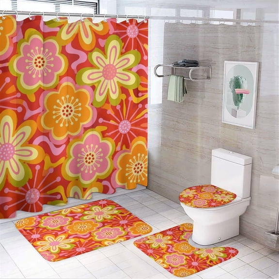 GooTPa 4PCS Groovy Floral Red Background Pattern Waterproof Shower Curtain Sets with Hooks,Bathroom Sets with Non-Slip Rugs,Toilet Lid Cover and Bath Mat