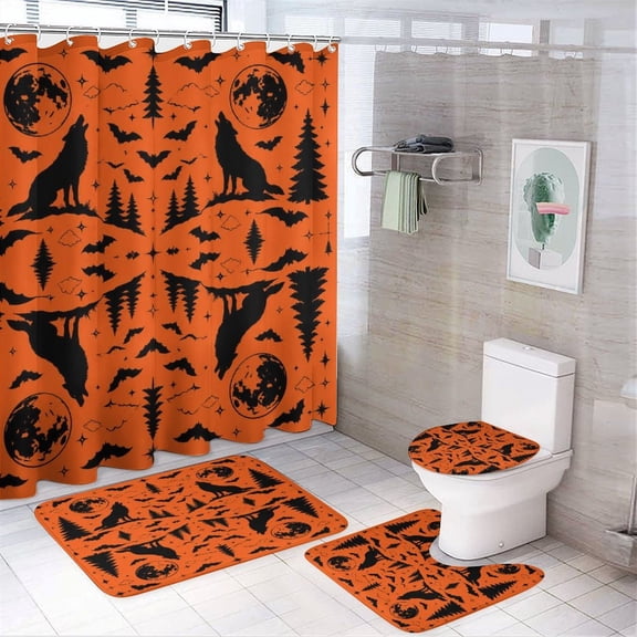 GooTPa 4PCS Howling Wolf Full Moon Forest Waterproof Shower Curtain Sets with Hooks,Bathroom Sets with Non-Slip Rugs,Toilet Lid Cover and Bath Mat