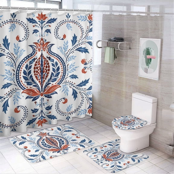 GooTPa 4PCS Indigo Floral Medallion Pattern Waterproof Shower Curtain Sets with Hooks,Bathroom Sets with Non-Slip Rugs,Toilet Lid Cover and Bath Mat