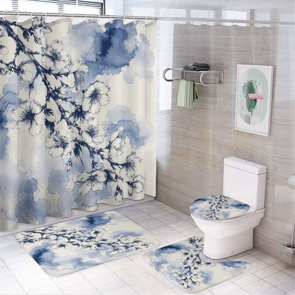 GooTPa 4PCS Ink Cherry Blossom Branch Waterproof Shower Curtain Sets with Hooks,Bathroom Sets with Non-Slip Rugs,Toilet Lid Cover and Bath Mat