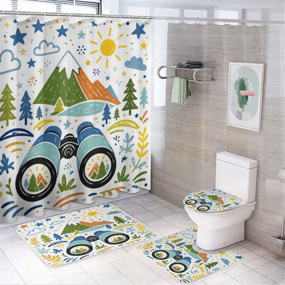 GooTPa 4PCS Jeep Adventure Mountains Forest White Waterproof Shower Curtain Sets with Hooks,Bathroom Sets with Non-Slip Rugs,Toilet Lid Cover and Bath Mat