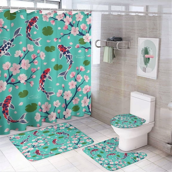 GooTPa 4PCS Koi Fish Cherry Blossoms Pattern Waterproof Shower Curtain Sets with Hooks,Bathroom Sets with Non-Slip Rugs,Toilet Lid Cover and Bath Mat
