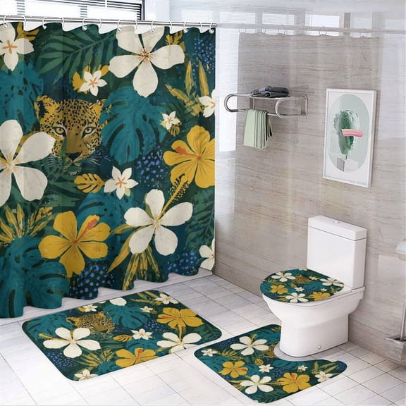 GooTPa 4PCS Leopard Peeking Through Lush Tropical Flowers Waterproof Shower Curtain Sets with Hooks,Bathroom Sets with Non-Slip Rugs,Toilet Lid Cover and Bath Mat
