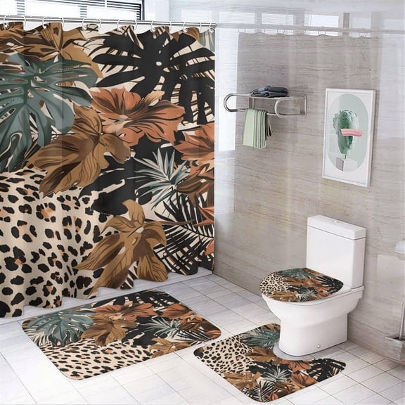 GooTPa 4PCS Leopard Print Tropical Leaves Waterproof Shower Curtain Sets with Hooks,Bathroom Sets with Non-Slip Rugs,Toilet Lid Cover and Bath Mat