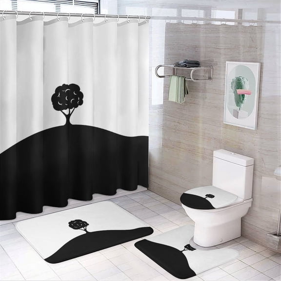 GooTPa 4PCS Lone Tree Hill Minimal Waterproof Shower Curtain Sets with Hooks,Bathroom Sets with Non-Slip Rugs,Toilet Lid Cover and Bath Mat