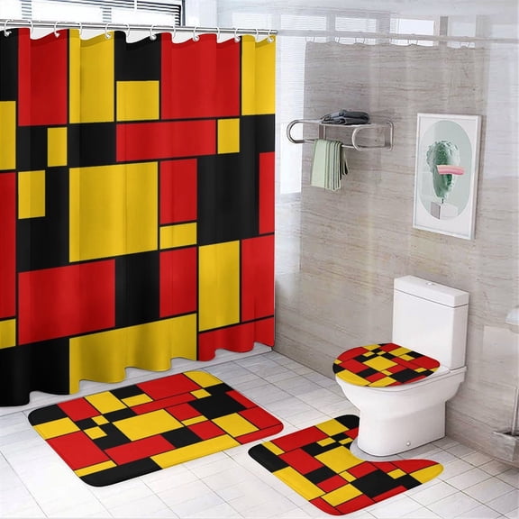 GooTPa 4PCS Mondrian Style Blocks Pattern Waterproof Shower Curtain Sets with Hooks,Bathroom Sets with Non-Slip Rugs,Toilet Lid Cover and Bath Mat