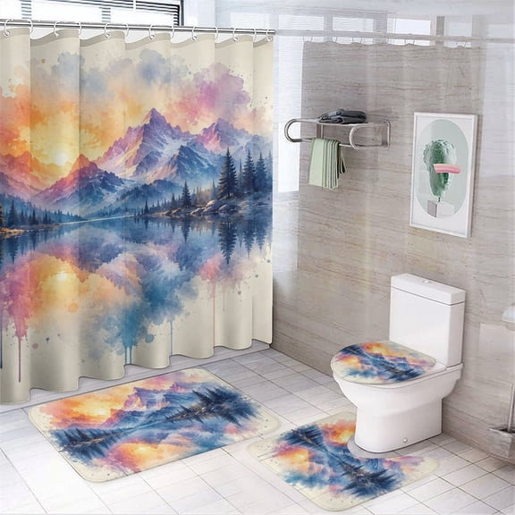 GooTPa 4PCS Mountain Lake Sunrise Reflection Waterproof Shower Curtain Sets with Hooks,Bathroom Sets with Non-Slip Rugs,Toilet Lid Cover and Bath Mat