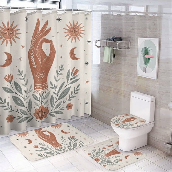 GooTPa 4PCS Mystical Hand With Celestial Symbols Waterproof Shower Curtain Sets with Hooks,Bathroom Sets with Non-Slip Rugs,Toilet Lid Cover and Bath Mat