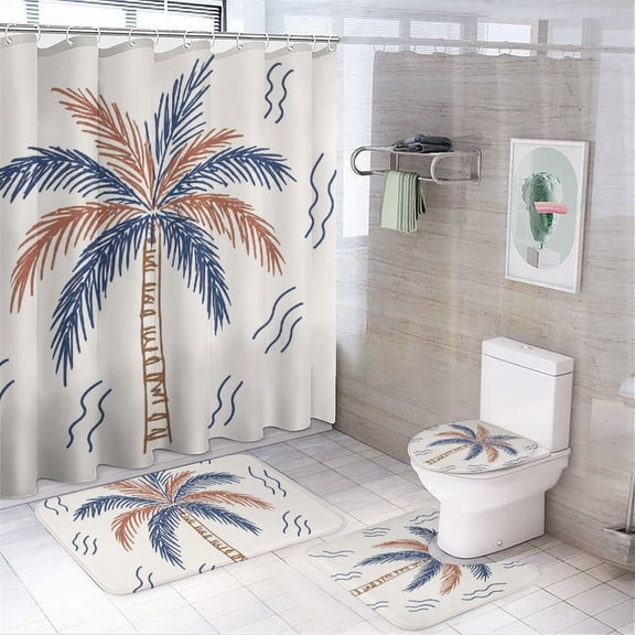 GooTPa 4PCS Palm Tree Waterproof Shower Curtain Sets with Hooks,Bathroom Sets with Non-Slip Rugs,Toilet Lid Cover and Bath Mat