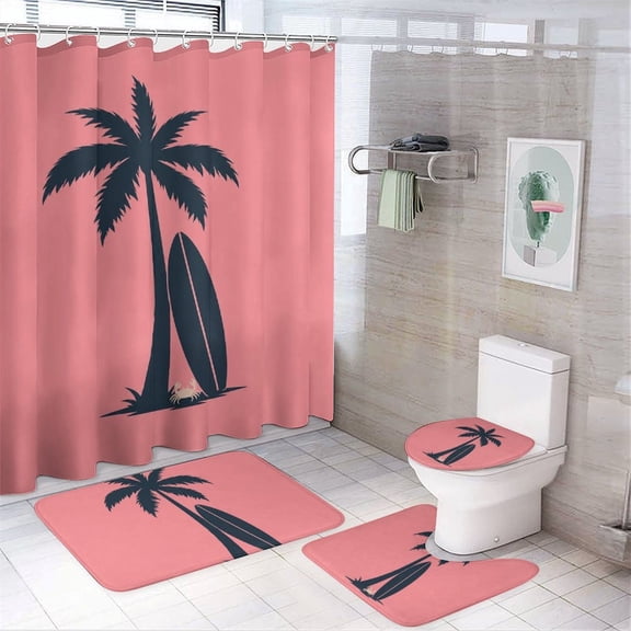GooTPa 4PCS Palm Tree With Surfboard Waterproof Shower Curtain Sets with Hooks,Bathroom Sets with Non-Slip Rugs,Toilet Lid Cover and Bath Mat