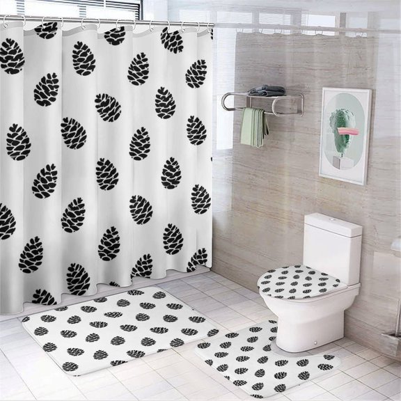 GooTPa 4PCS Pine Cone Silhouette Pattern Waterproof Shower Curtain Sets with Hooks,Bathroom Sets with Non-Slip Rugs,Toilet Lid Cover and Bath Mat