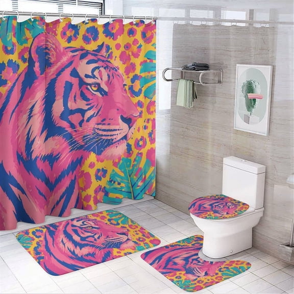 GooTPa 4PCS Pink Tiger Portrait With Tropical Leaves Waterproof Shower Curtain Sets with Hooks,Bathroom Sets with Non-Slip Rugs,Toilet Lid Cover and Bath Mat