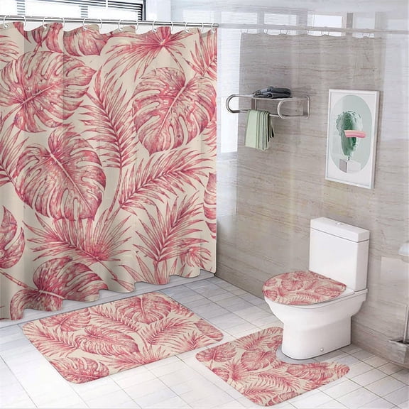 GooTPa 4PCS Pink Tropical Leaves Pattern Waterproof Shower Curtain Sets with Hooks,Bathroom Sets with Non-Slip Rugs,Toilet Lid Cover and Bath Mat
