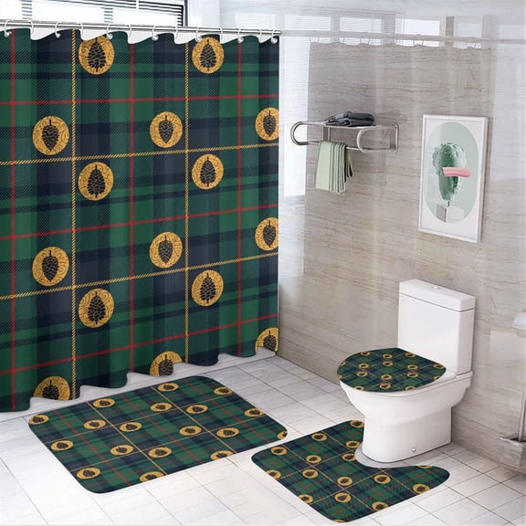 GooTPa 4PCS Plaid Pinecone Ornament Pattern Waterproof Shower Curtain Sets with Hooks,Bathroom Sets with Non-Slip Rugs,Toilet Lid Cover and Bath Mat