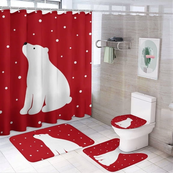 GooTPa 4PCS Polar Bear Watching Snowfall Waterproof Shower Curtain Sets with Hooks,Bathroom Sets with Non-Slip Rugs,Toilet Lid Cover and Bath Mat