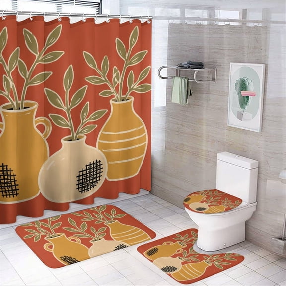 GooTPa 4PCS Potted Herbs in Ceramic Vases Waterproof Shower Curtain Sets with Hooks,Bathroom Sets with Non-Slip Rugs,Toilet Lid Cover and Bath Mat