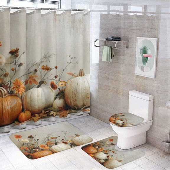 GooTPa 4PCS Pumpkins Flowers White Wall Waterproof Shower Curtain Sets with Hooks,Bathroom Sets with Non-Slip Rugs,Toilet Lid Cover and Bath Mat