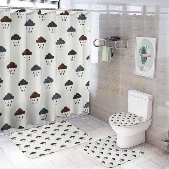 GooTPa 4PCS Rain Cloud Drop Weather Pattern Waterproof Shower Curtain Sets with Hooks,Bathroom Sets with Non-Slip Rugs,Toilet Lid Cover and Bath Mat