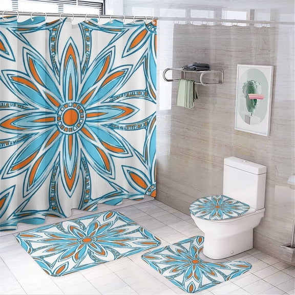GooTPa 4PCS Retro Mandala Flower Waterproof Shower Curtain Sets with Hooks,Bathroom Sets with Non-Slip Rugs,Toilet Lid Cover and Bath Mat
