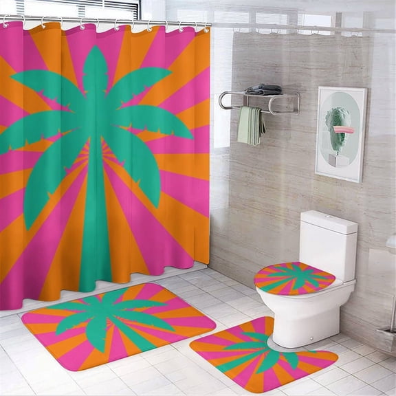 GooTPa 4PCS Retro Tropical Palm Tree Sunburst Waterproof Shower Curtain Sets with Hooks,Bathroom Sets with Non-Slip Rugs,Toilet Lid Cover and Bath Mat