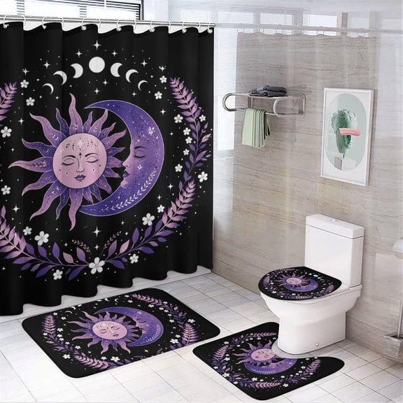 GooTPa 4PCS Sun And Moon Faces Waterproof Shower Curtain Sets with Hooks,Bathroom Sets with Non-Slip Rugs,Toilet Lid Cover and Bath Mat