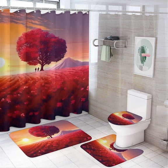 GooTPa 4PCS Sunset Tree Couple Waterproof Shower Curtain Sets with Hooks,Bathroom Sets with Non-Slip Rugs,Toilet Lid Cover and Bath Mat