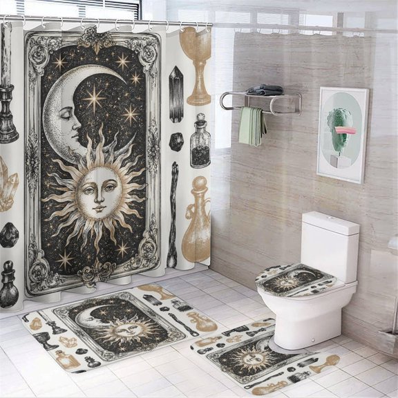 GooTPa 4PCS Tarot Sun Moon Alchemy Waterproof Shower Curtain Sets with Hooks,Bathroom Sets with Non-Slip Rugs,Toilet Lid Cover and Bath Mat