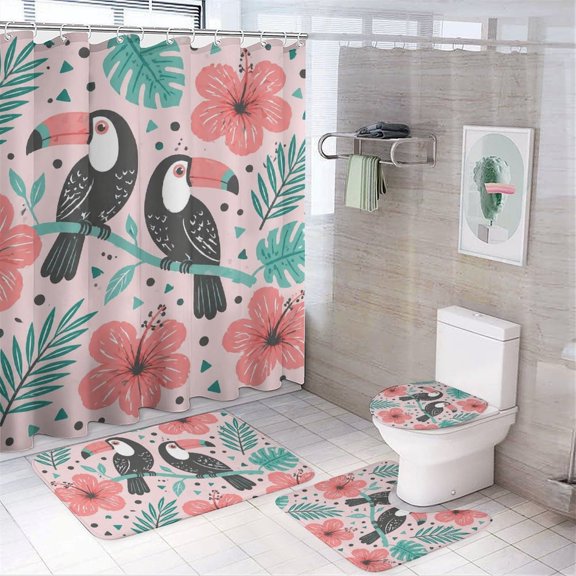 GooTPa 4PCS Toucan Pair Tropical Flower Leaf Pattern Waterproof Shower Curtain Sets with Hooks,Bathroom Sets with Non-Slip Rugs,Toilet Lid Cover and Bath Mat
