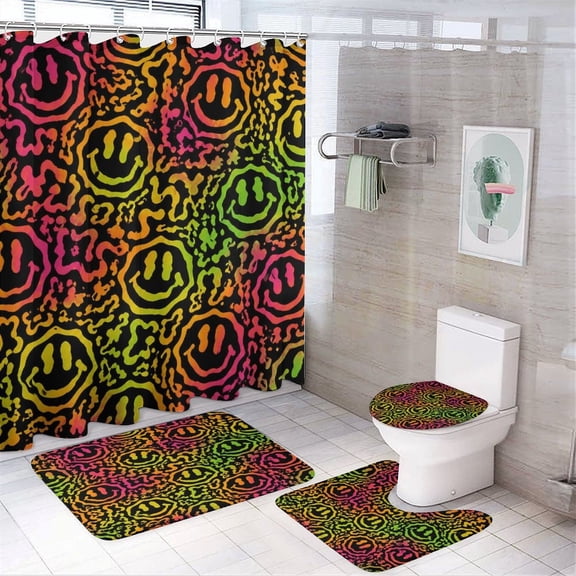 GooTPa 4PCS Trippy Smiley Face Pattern Waterproof Shower Curtain Sets with Hooks,Bathroom Sets with Non-Slip Rugs,Toilet Lid Cover and Bath Mat