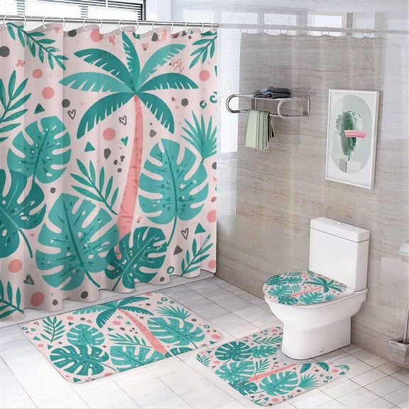 GooTPa 4PCS Tropical Palm Tree Leaf Geometric Pattern Waterproof Shower Curtain Sets with Hooks,Bathroom Sets with Non-Slip Rugs,Toilet Lid Cover and Bath Mat