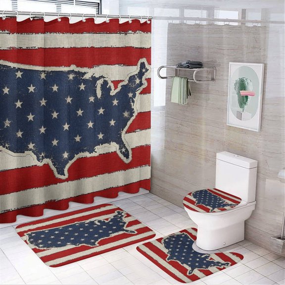 GooTPa 4PCS USA Map Stars Blue Field Red Stripe Waterproof Shower Curtain Sets with Hooks,Bathroom Sets with Non-Slip Rugs,Toilet Lid Cover and Bath Mat