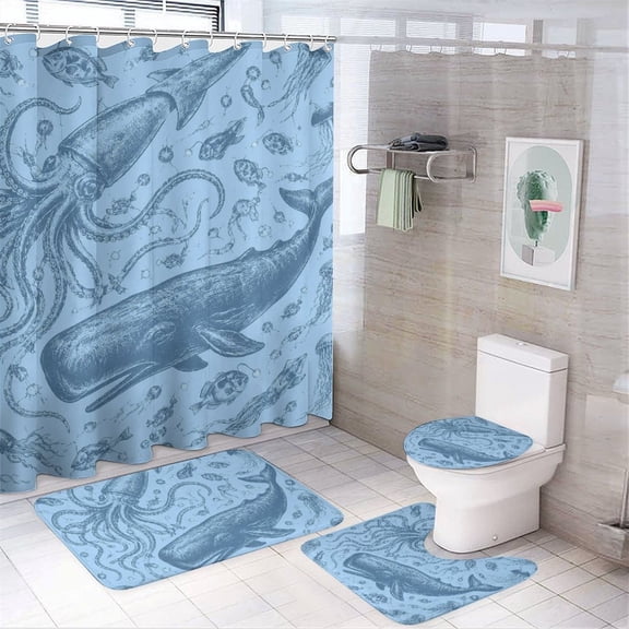 GooTPa 4PCS Vintage Squid And Whale Waterproof Shower Curtain Sets with Hooks,Bathroom Sets with Non-Slip Rugs,Toilet Lid Cover and Bath Mat