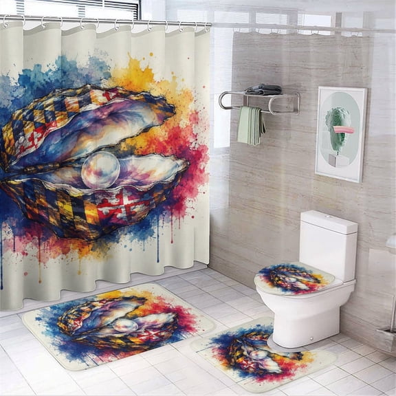 GooTPa 4PCS Watercolor Oyster Pearl Waterproof Shower Curtain Sets with Hooks,Bathroom Sets with Non-Slip Rugs,Toilet Lid Cover and Bath Mat