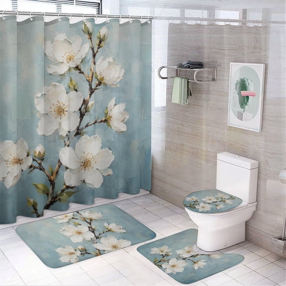 GooTPa 4PCS White Cherry Blossoms Waterproof Shower Curtain Sets with Hooks,Bathroom Sets with Non-Slip Rugs,Toilet Lid Cover and Bath Mat