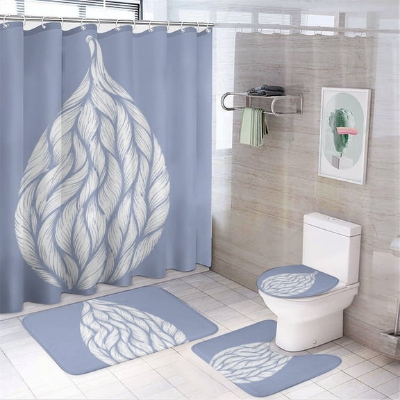 GooTPa 4PCS White Feather Droplet On Periwinkle Waterproof Shower Curtain Sets with Hooks,Bathroom Sets with Non-Slip Rugs,Toilet Lid Cover and Bath Mat