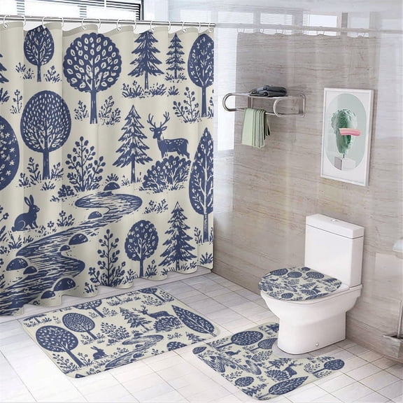 GooTPa 4PCS Woodland Stream With Deer And Rabbit Waterproof Shower Curtain Sets with Hooks,Bathroom Sets with Non-Slip Rugs,Toilet Lid Cover and Bath Mat