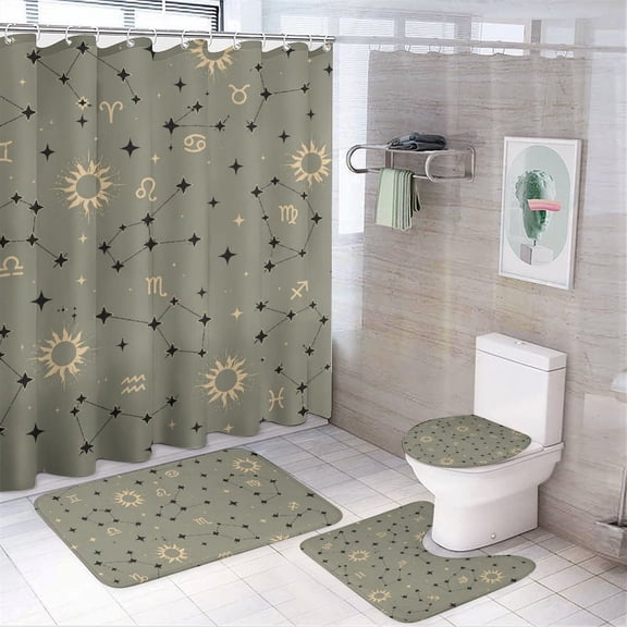 GooTPa 4PCS Zodiac Constellations Star Map Waterproof Shower Curtain Sets with Hooks,Bathroom Sets with Non-Slip Rugs,Toilet Lid Cover and Bath Mat