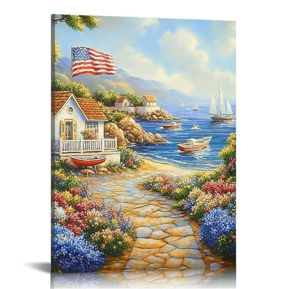 GooTPa 4th of July Patriotic Canvas Wall Art, American Flag Decor Coastal Road Canvas Prints Wall Art for Living Room Bathroom Bedroom Office, Art Print Painting for Home Decorations - 16x20in