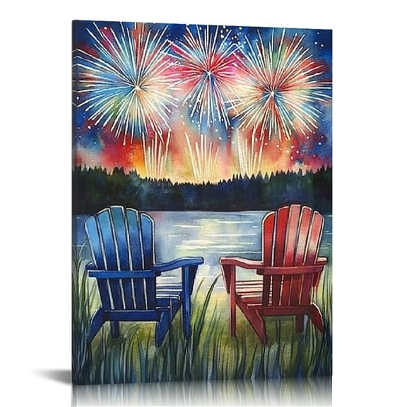 GooTPa 4th of July Patriotic Canvas Wall Art, Blue and Red Chairs by the Lake Canvas Prints Wall Art for Living Room Bathroom Bedroom Office, Art Print Painting for Home Decorations - 12x16in