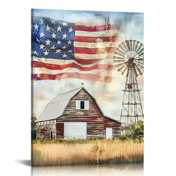 GooTPa 4th of July Patriotic Canvas Wall Art, Country Farmhouse Flag Barn Canvas Prints Wall Art for Living Room Bathroom Bedroom Office, Art Print Painting for Home Decorations  - 12x16in
