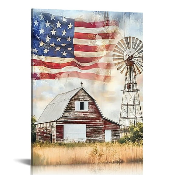 GooTPa 4th of July Patriotic Canvas Wall Art, Country Farmhouse Flag Barn Canvas Prints Wall Art for Living Room Bathroom Bedroom Office, Art Print Painting for Home Decorations - 16x20in