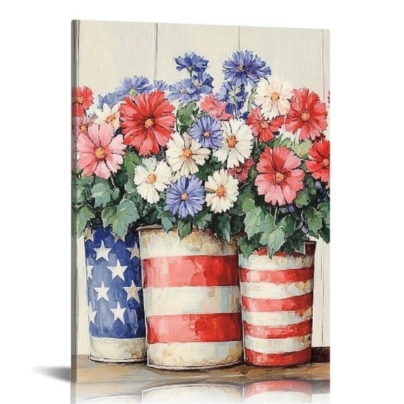 GooTPa 4th of July Patriotic Canvas Wall Art, Red White and Blue Flowers Canvas Prints Wall Art for Living Room Bathroom Bedroom Office, Art Print Painting for Home Decorations - 16x20in
