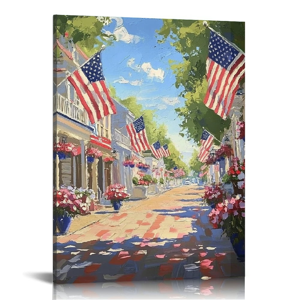 GooTPa 4th of July Patriotic Canvas Wall Art, Street Landscape Patriotic Canvas Prints Wall Art for Living Room Bathroom Bedroom Office, Art Print Painting for Home Decorations - 12x16in