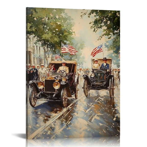 GooTPa 4th of July Patriotic Canvas Wall Art, Vintage Car and American Flags Canvas Prints Wall Art for Living Room Bathroom Bedroom Office, Art Print Painting for Home Decorations - 12x16in