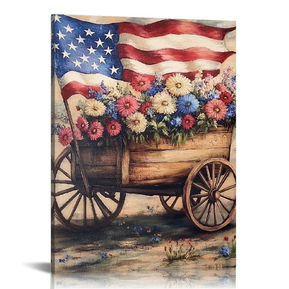 GooTPa 4th of July Patriotic Canvas Wall Art, Vintage Flowers Flag Wheelbarrow Cart Canvas Prints Wall Art for Living Room Bathroom Bedroom Office, Art Print Painting for Home Decorations - 12x16in