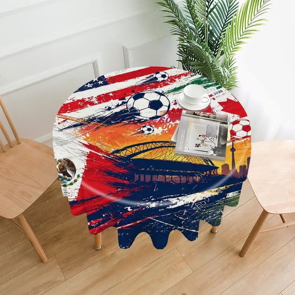 GooTPa 60 Inch Round Tablecloth,2026 Soccer Stadium And Flags Collage Premium Polyester Straight Edge Wrinkle Resistant Washable Table Cover for Home Dining Party Decor