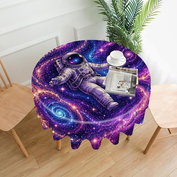 GooTPa 60 Inch Round Tablecloth, Astronaut Floating Galaxy Space Dream Premium Polyester Straight Edge Wrinkle Resistant Washable Table Cover for Home Dining Party Decor