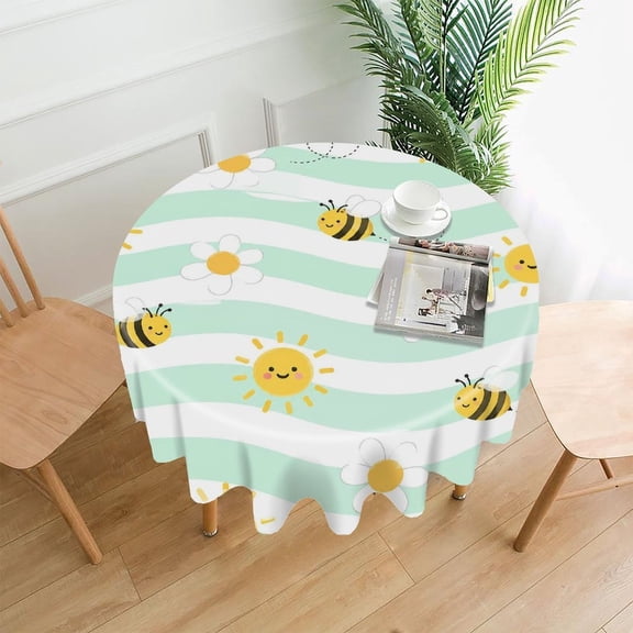 GooTPa 60 Inch Round Tablecloth, Bee Daisy Spring Pattern Premium Polyester Straight Edge Wrinkle Resistant Washable Table Cover for Home Dining Party Decor